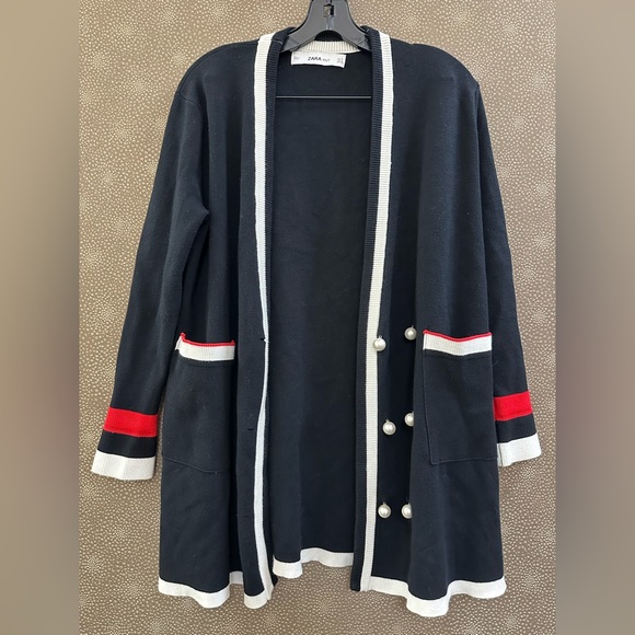 Zara Sweaters - 🔥🔥🔥Zara Long Black Sweater Cardigan with Faux Pearls And striped details.